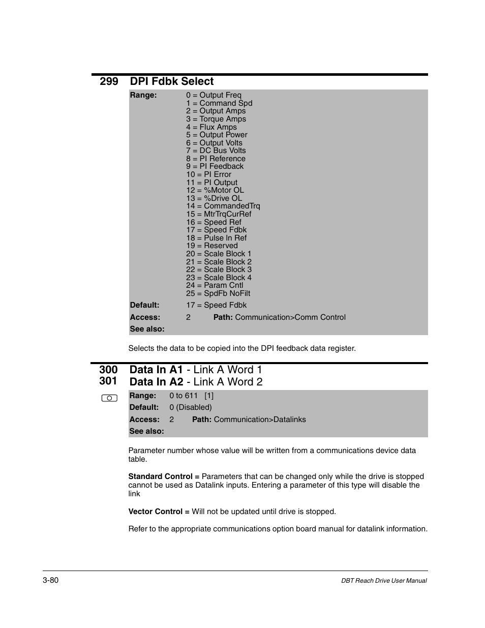 299 dpi fdbk select | Rockwell Automation Liqui-Flo DBT Reach Drive User Manual | Page 106 / 248