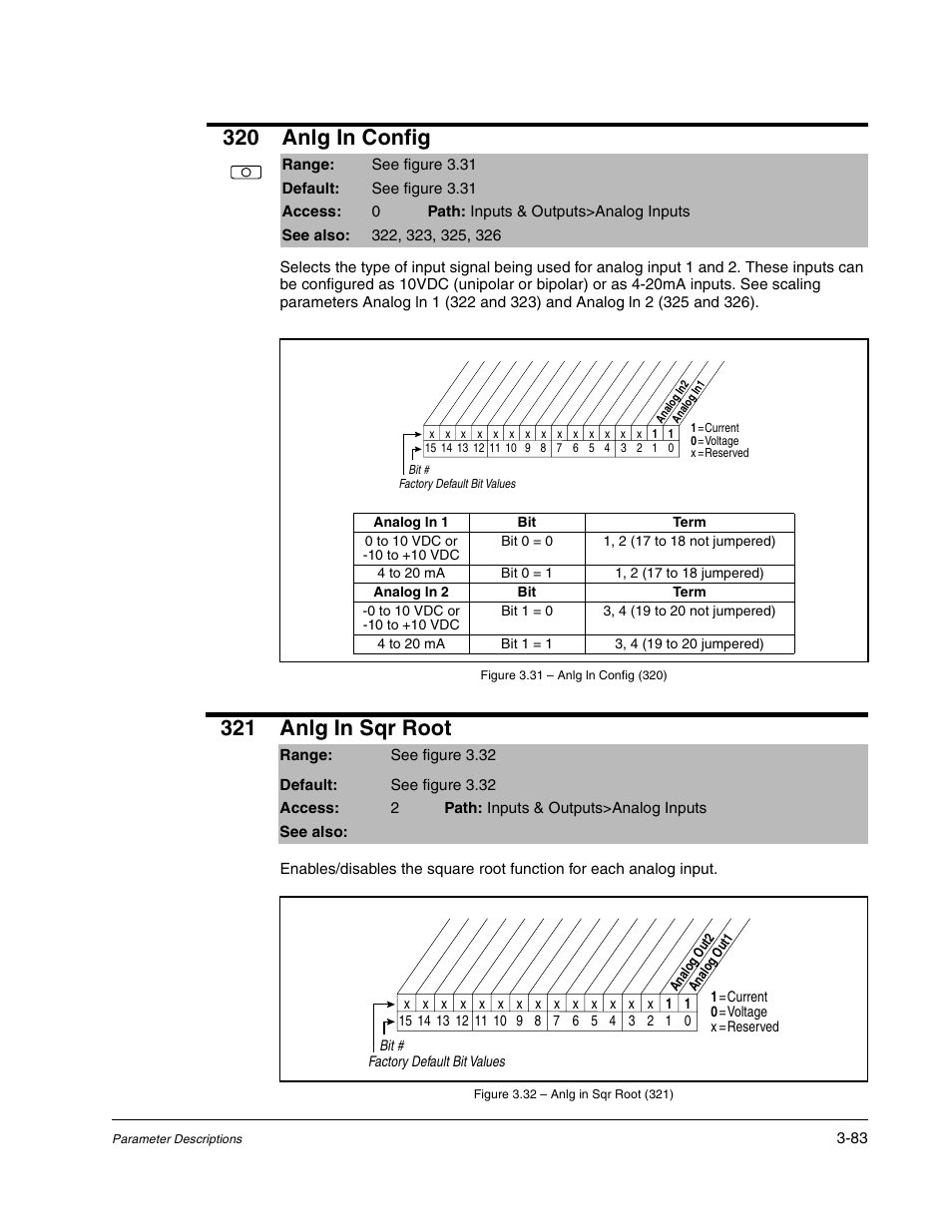 320 anlg in config, 321 anlg in sqr root | Rockwell Automation Liqui-Flo DBT Reach Drive User Manual | Page 109 / 248