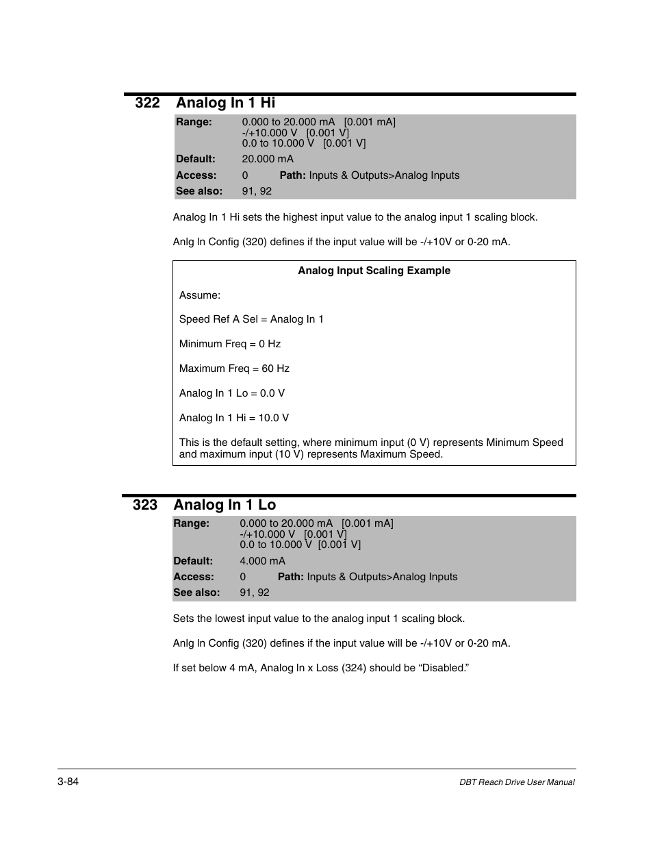 322 analog in 1 hi, 323 analog in 1 lo | Rockwell Automation Liqui-Flo DBT Reach Drive User Manual | Page 110 / 248