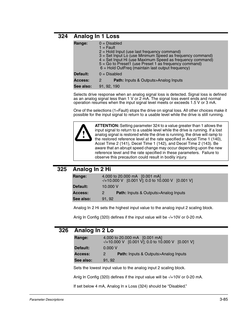 324 analog in 1 loss, 325 analog in 2 hi, 326 analog in 2 lo | Rockwell Automation Liqui-Flo DBT Reach Drive User Manual | Page 111 / 248