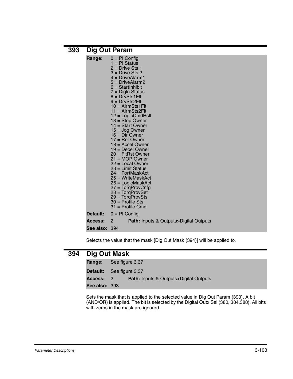 393 dig out param, 394 dig out mask | Rockwell Automation Liqui-Flo DBT Reach Drive User Manual | Page 129 / 248