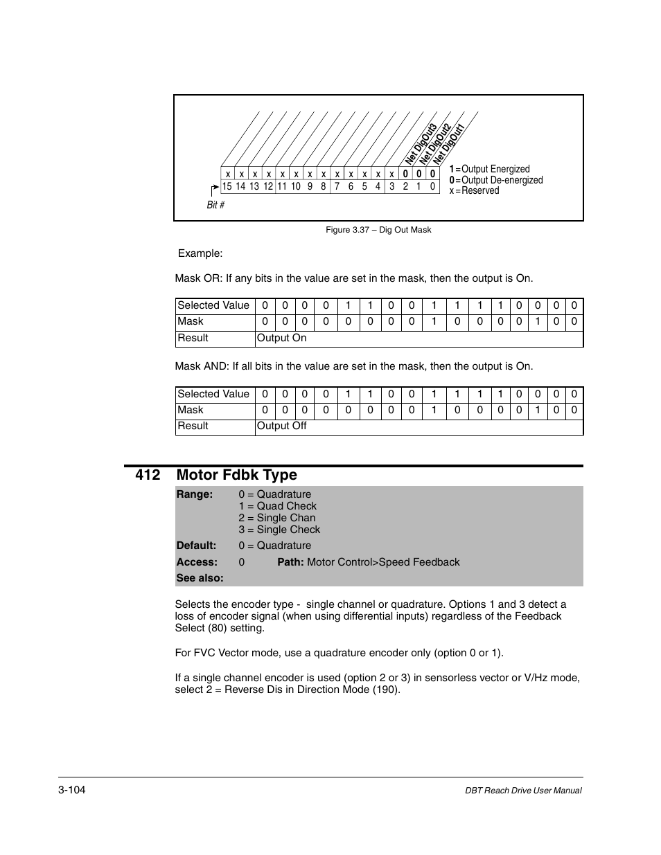 412 motor fdbk type | Rockwell Automation Liqui-Flo DBT Reach Drive User Manual | Page 130 / 248