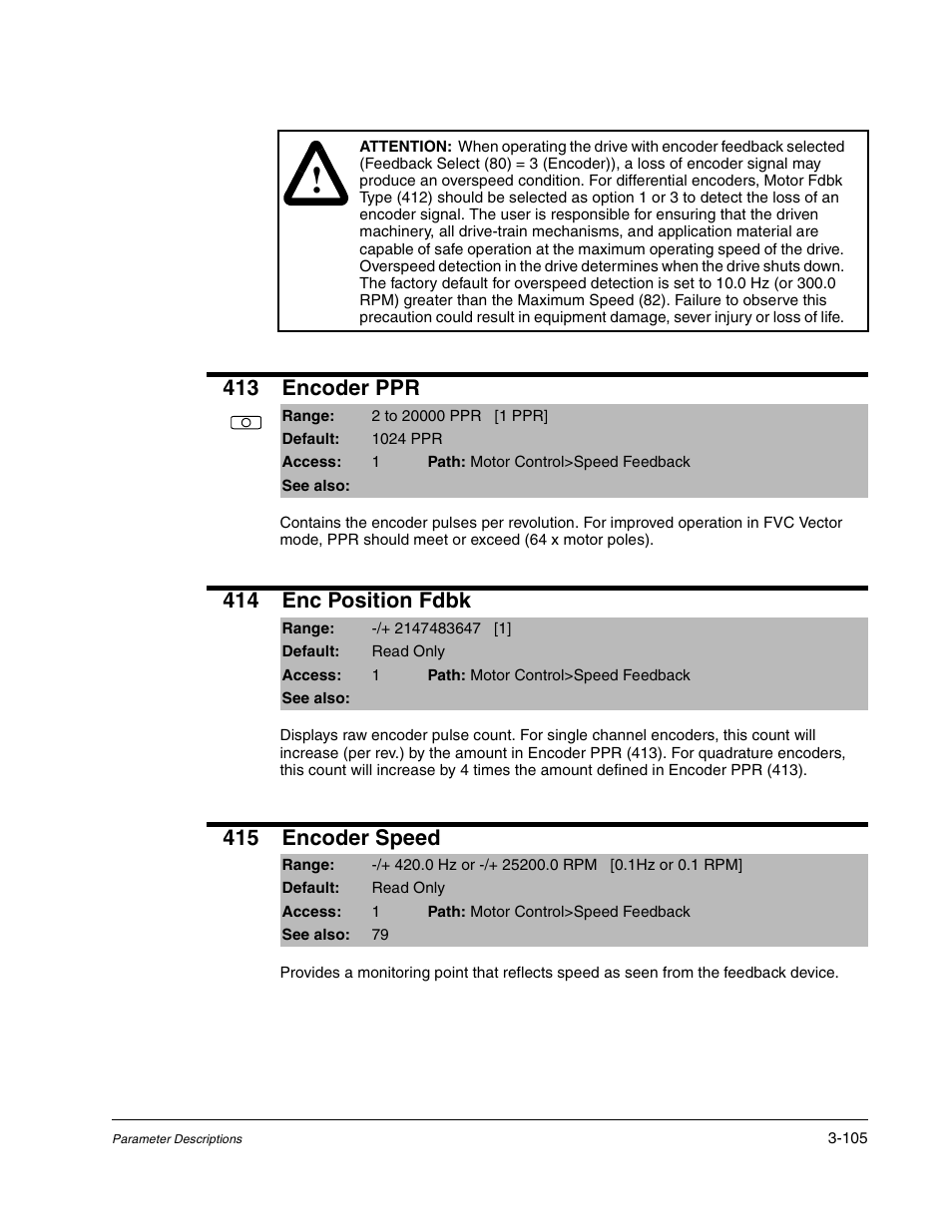 413 encoder ppr, 414 enc position fdbk, 415 encoder speed | Rockwell Automation Liqui-Flo DBT Reach Drive User Manual | Page 131 / 248