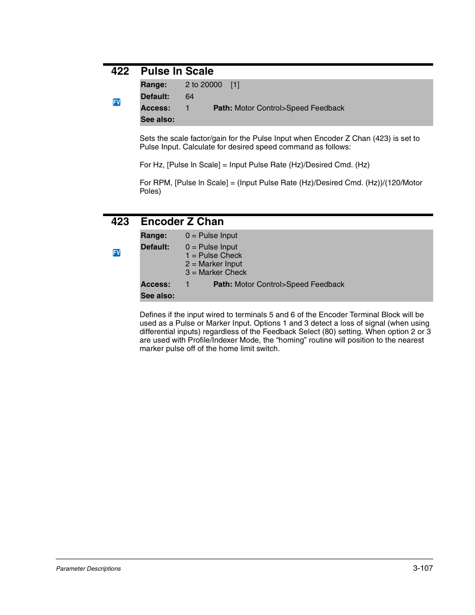 422 pulse ln scale, 423 encoder z chan | Rockwell Automation Liqui-Flo DBT Reach Drive User Manual | Page 133 / 248