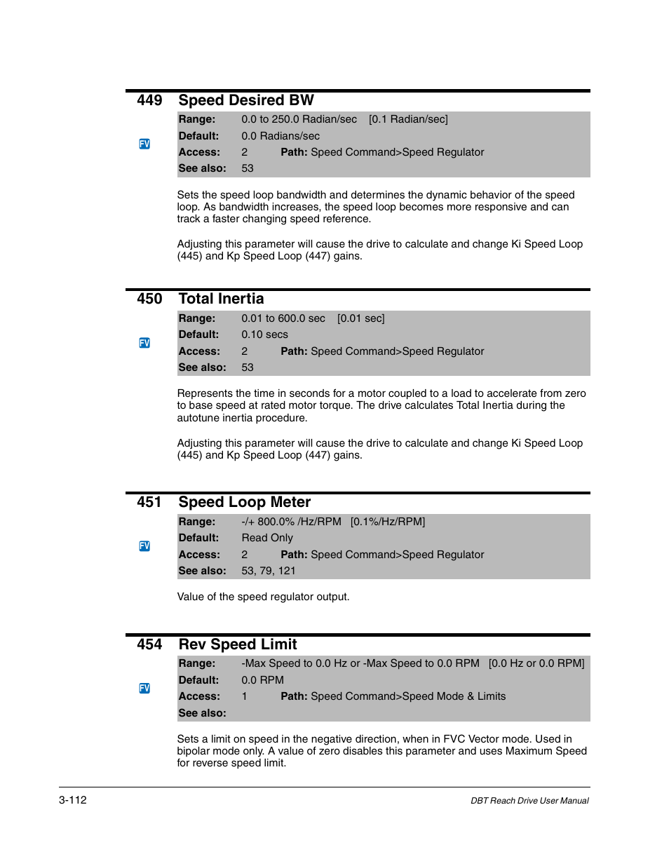 449 speed desired bw, 450 total inertia, 451 speed loop meter | 454 rev speed limit | Rockwell Automation Liqui-Flo DBT Reach Drive User Manual | Page 138 / 248