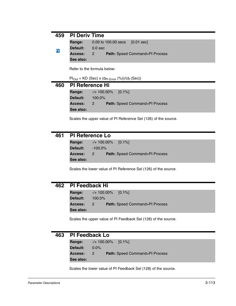 459 pi deriv time, 460 pi reference hi, 461 pi reference lo | 462 pi feedback hi, 463 pi feedback lo | Rockwell Automation Liqui-Flo DBT Reach Drive User Manual | Page 139 / 248