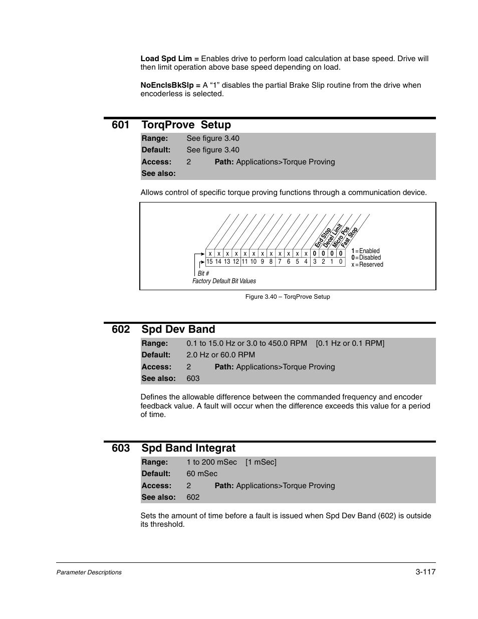 601 torqprove setup, 602 spd dev band, 603 spd band integrat | Rockwell Automation Liqui-Flo DBT Reach Drive User Manual | Page 143 / 248