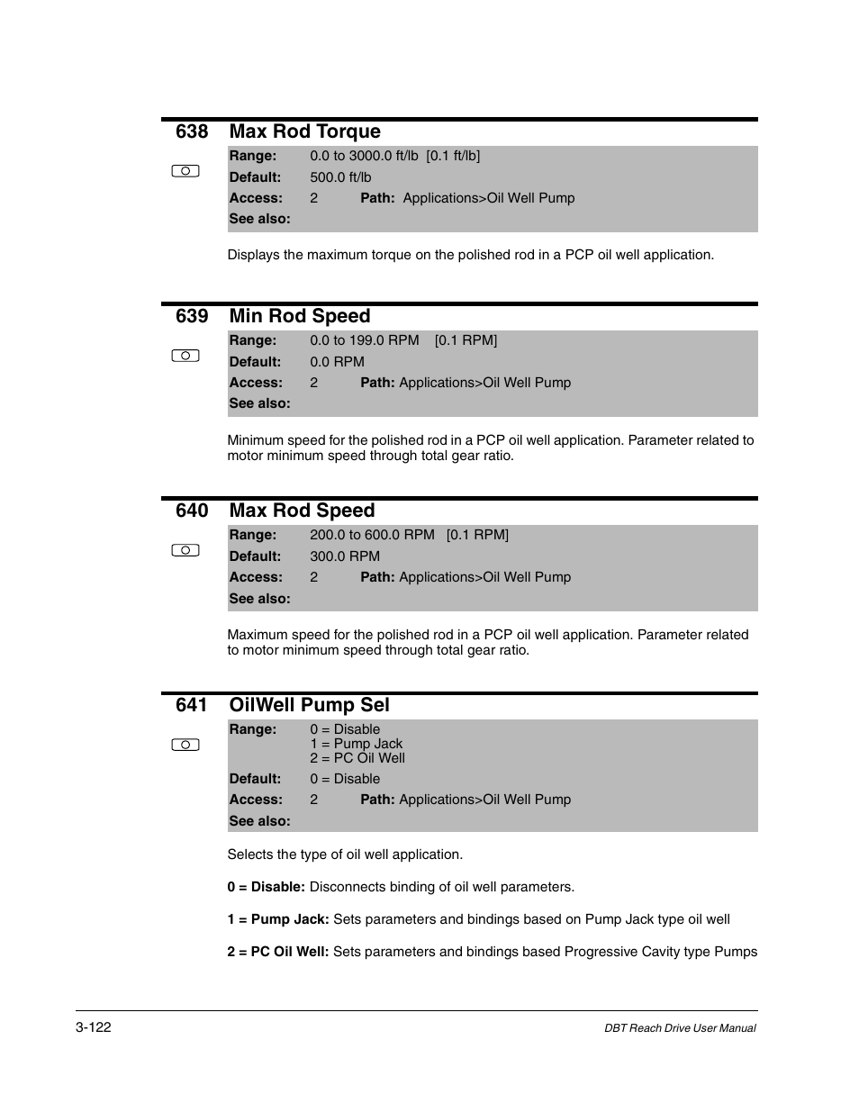 638 max rod torque, 639 min rod speed, 640 max rod speed | 641 oilwell pump sel | Rockwell Automation Liqui-Flo DBT Reach Drive User Manual | Page 148 / 248