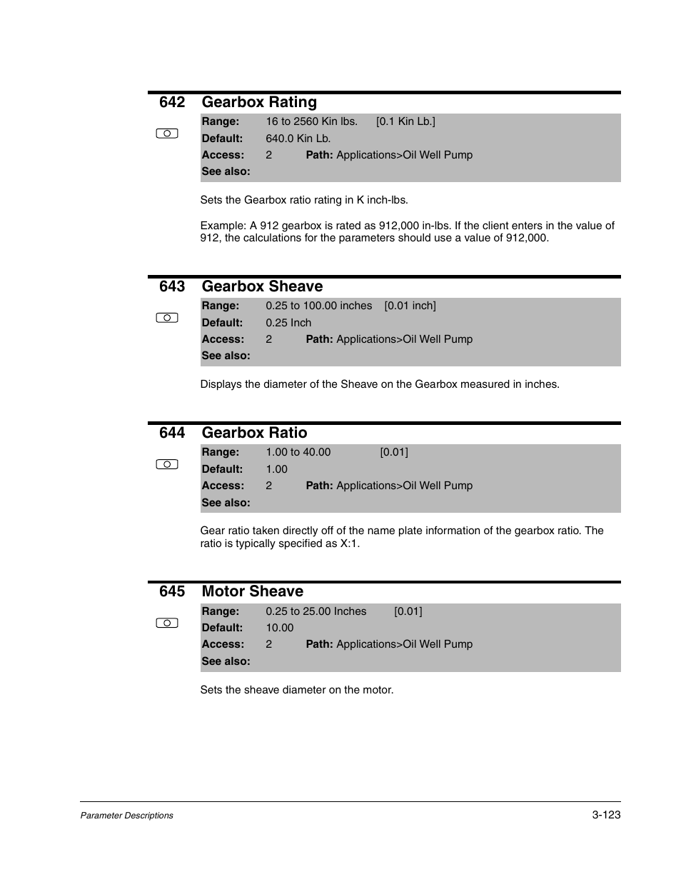 642 gearbox rating, 643 gearbox sheave, 644 gearbox ratio | 645 motor sheave | Rockwell Automation Liqui-Flo DBT Reach Drive User Manual | Page 149 / 248