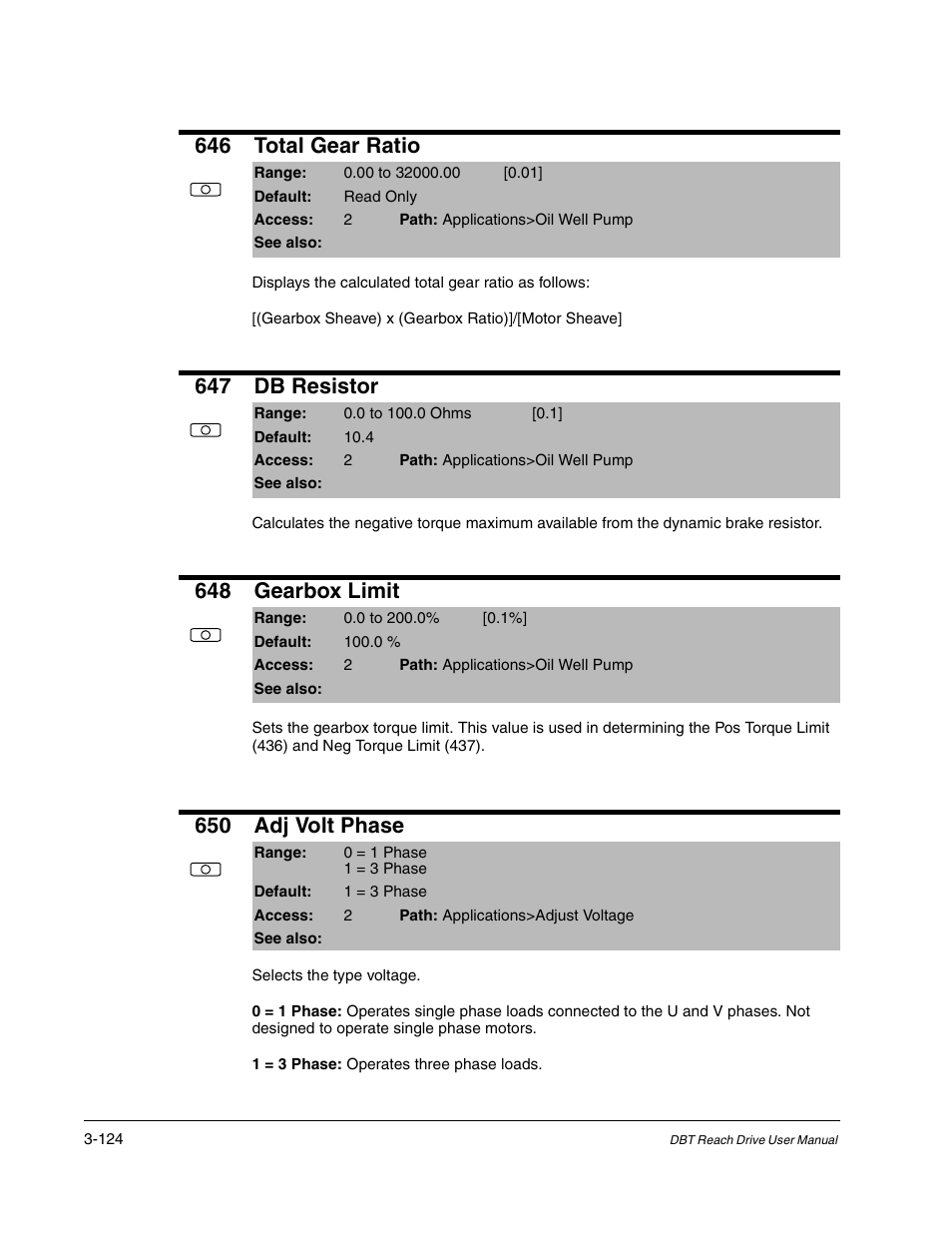 646 total gear ratio, 647 db resistor, 648 gearbox limit | 650 adj volt phase | Rockwell Automation Liqui-Flo DBT Reach Drive User Manual | Page 150 / 248