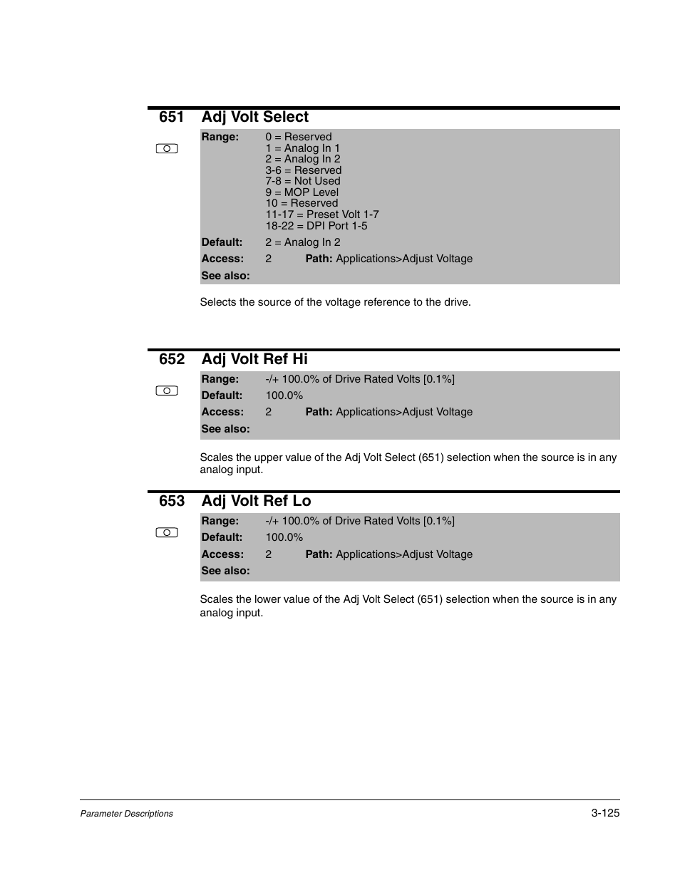 651 adj volt select, 652 adj volt ref hi, 653 adj volt ref lo | Rockwell Automation Liqui-Flo DBT Reach Drive User Manual | Page 151 / 248