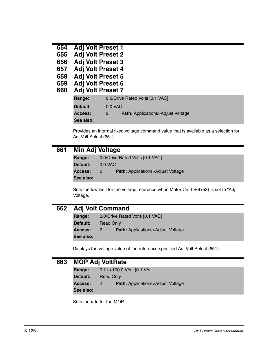 661 min adj voltage, 662 adj volt command, 663 mop adj voltrate | Rockwell Automation Liqui-Flo DBT Reach Drive User Manual | Page 152 / 248