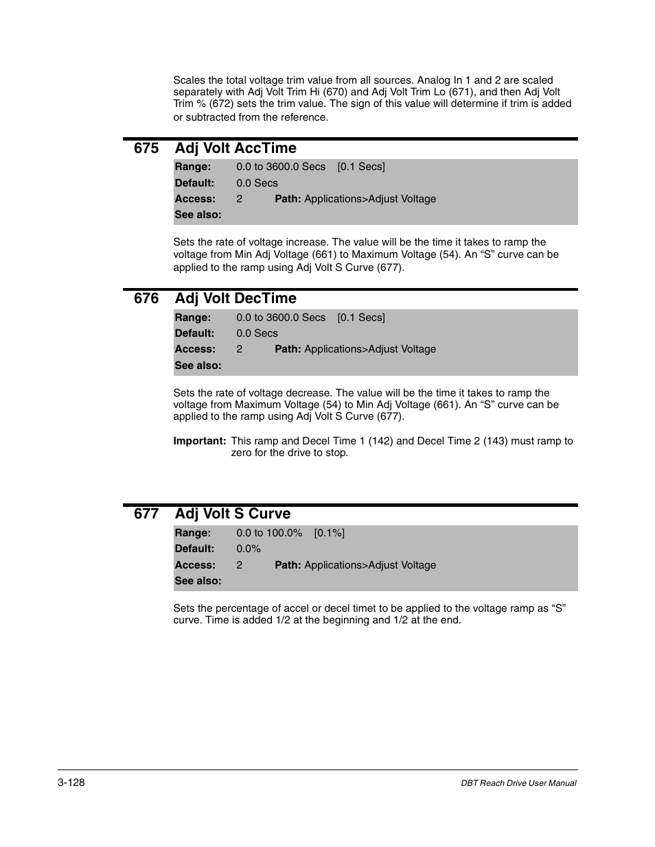 675 adj volt acctime, 676 adj volt dectime, 677 adj volt s curve | Rockwell Automation Liqui-Flo DBT Reach Drive User Manual | Page 154 / 248