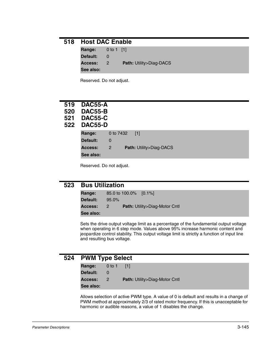 518 host dac enable, 523 bus utilization, 524 pwm type select | Rockwell Automation Liqui-Flo DBT Reach Drive User Manual | Page 171 / 248