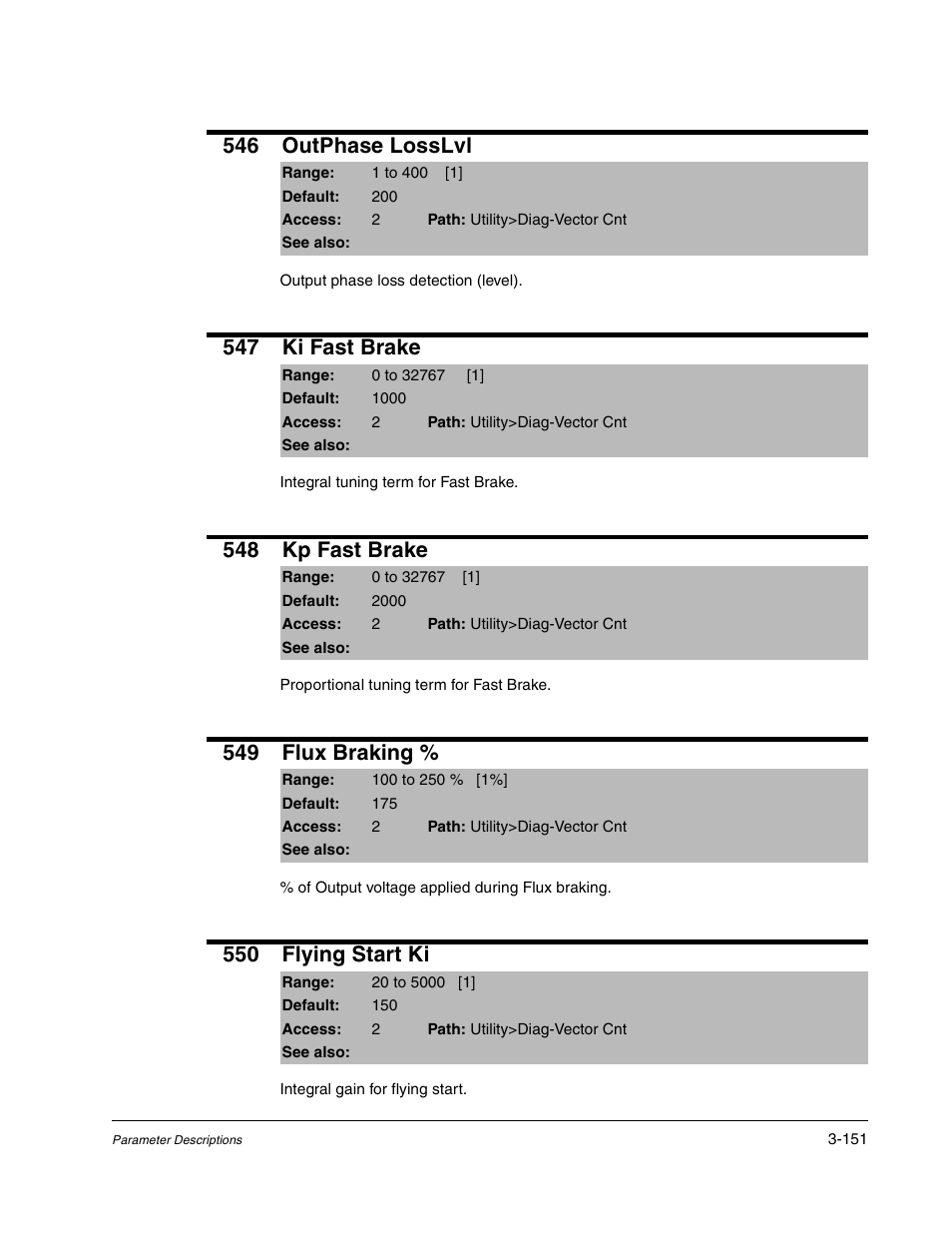 546 outphase losslvl, 547 ki fast brake, 548 kp fast brake | 549 flux braking, 550 flying start ki | Rockwell Automation Liqui-Flo DBT Reach Drive User Manual | Page 177 / 248