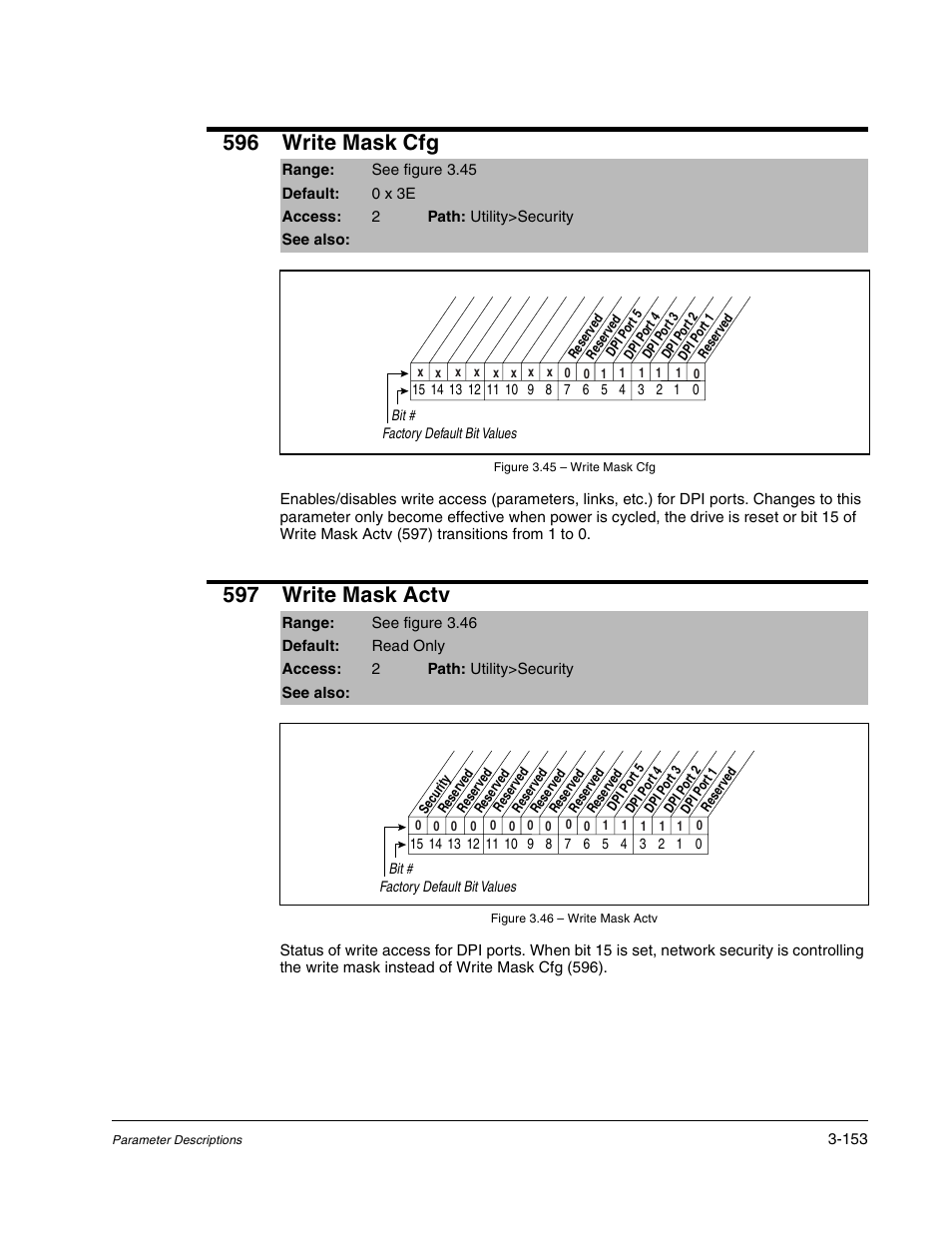 596 write mask cfg, 597 write mask actv | Rockwell Automation Liqui-Flo DBT Reach Drive User Manual | Page 179 / 248