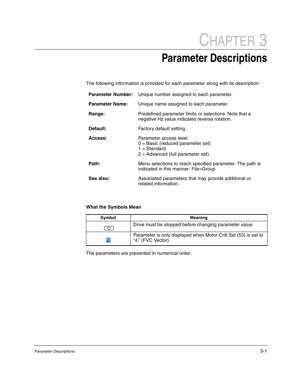 Chapter 3 parameter descriptions, Chapter 3, Hapter | Parameter descriptions | Rockwell Automation Liqui-Flo DBT Reach Drive User Manual | Page 27 / 248