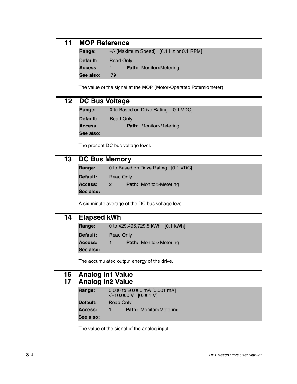 11 mop reference, 12 dc bus voltage, 14 elapsed kwh | Rockwell Automation Liqui-Flo DBT Reach Drive User Manual | Page 30 / 248