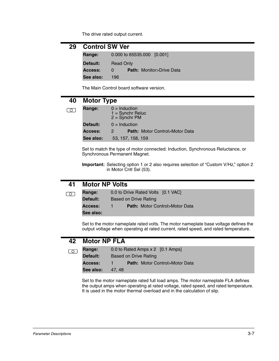 29 control sw ver, 40 motor type, 41 motor np volts | 42 motor np fla | Rockwell Automation Liqui-Flo DBT Reach Drive User Manual | Page 33 / 248