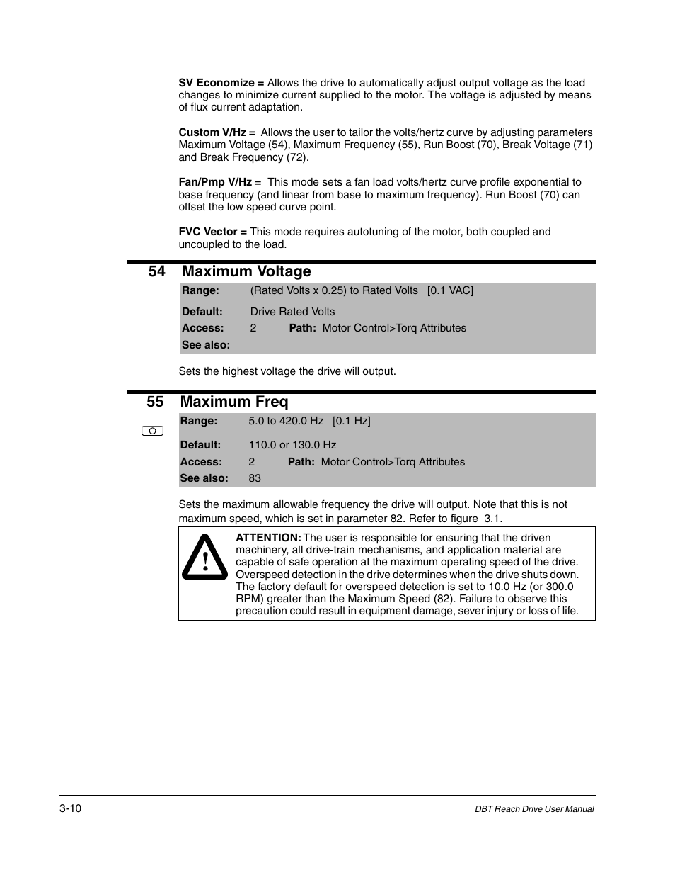 54 maximum voltage, 55 maximum freq | Rockwell Automation Liqui-Flo DBT Reach Drive User Manual | Page 36 / 248