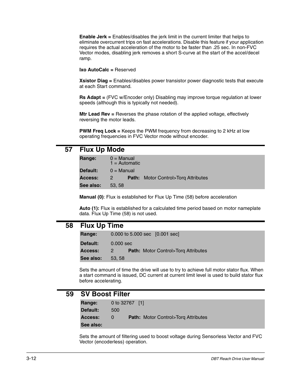 57 flux up mode, 58 flux up time, 59 sv boost filter | Rockwell Automation Liqui-Flo DBT Reach Drive User Manual | Page 38 / 248