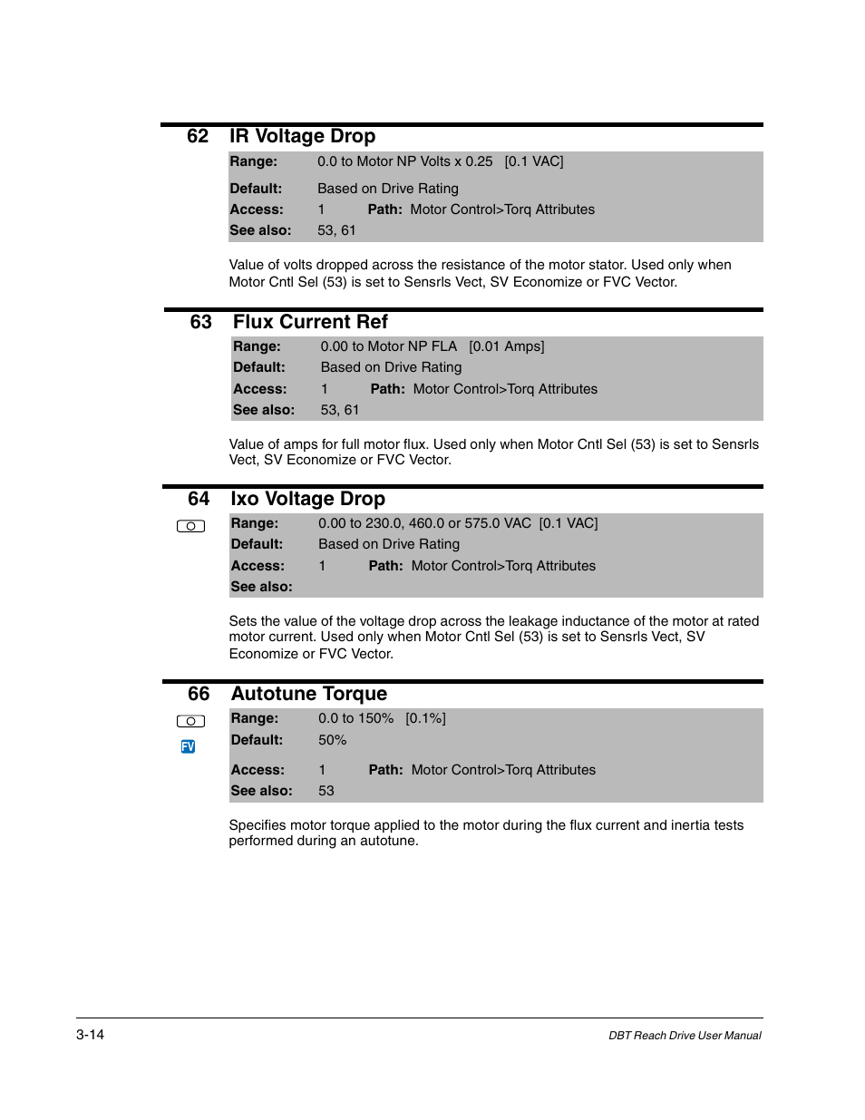 62 ir voltage drop, 63 flux current ref, 64 ixo voltage drop | 66 autotune torque | Rockwell Automation Liqui-Flo DBT Reach Drive User Manual | Page 40 / 248