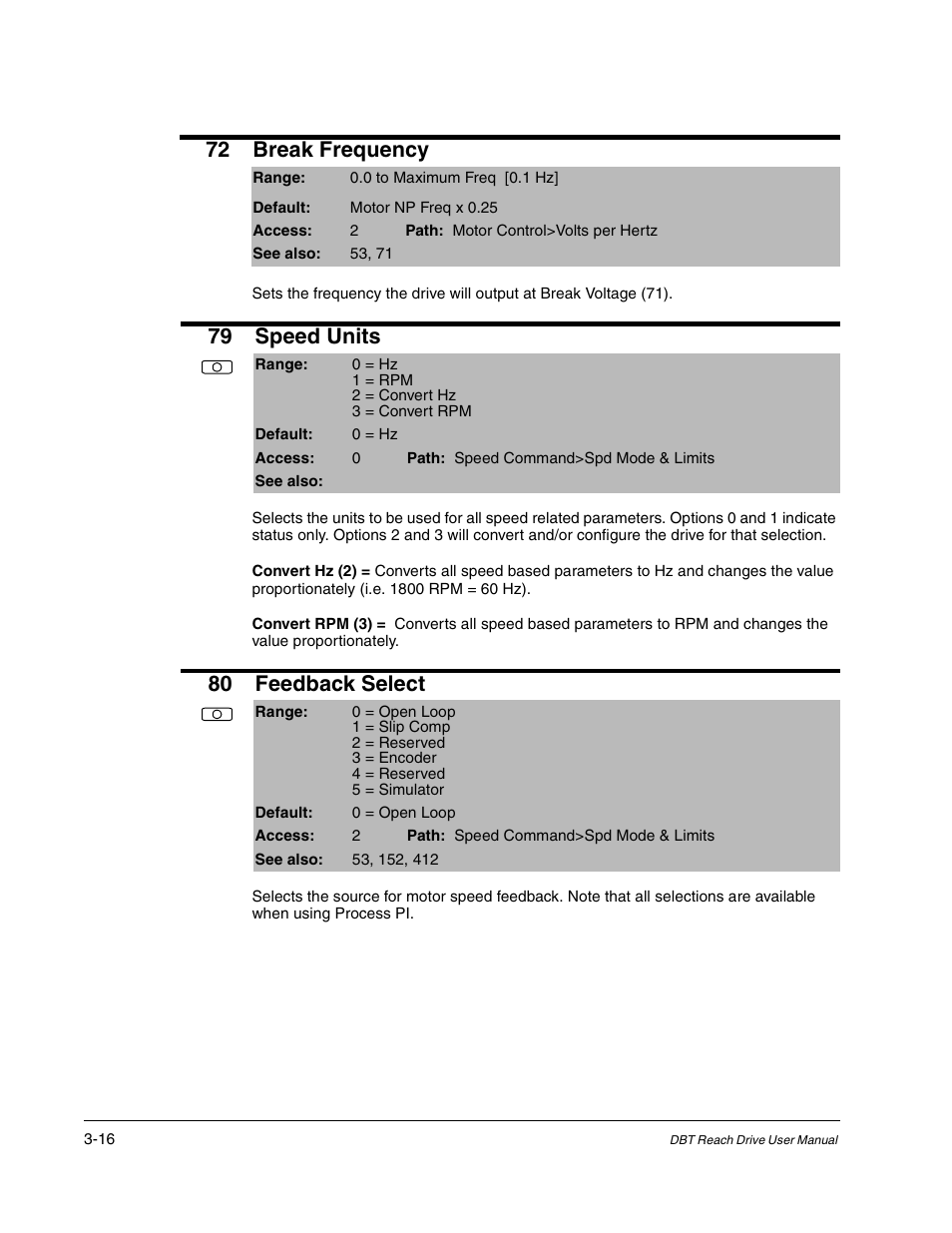 72 break frequency, 79 speed units, 80 feedback select | Rockwell Automation Liqui-Flo DBT Reach Drive User Manual | Page 42 / 248