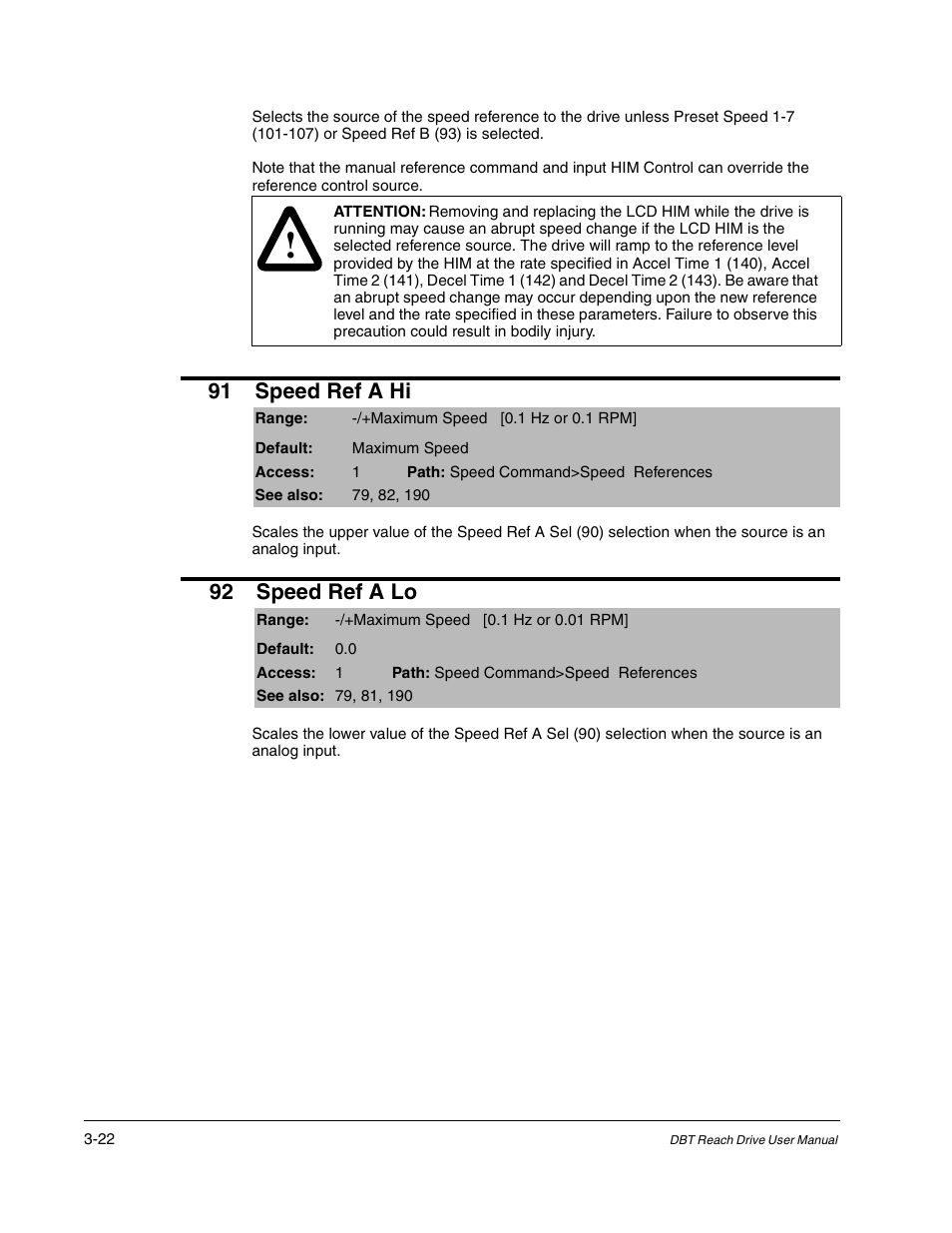 91 speed ref a hi, 92 speed ref a lo | Rockwell Automation Liqui-Flo DBT Reach Drive User Manual | Page 48 / 248