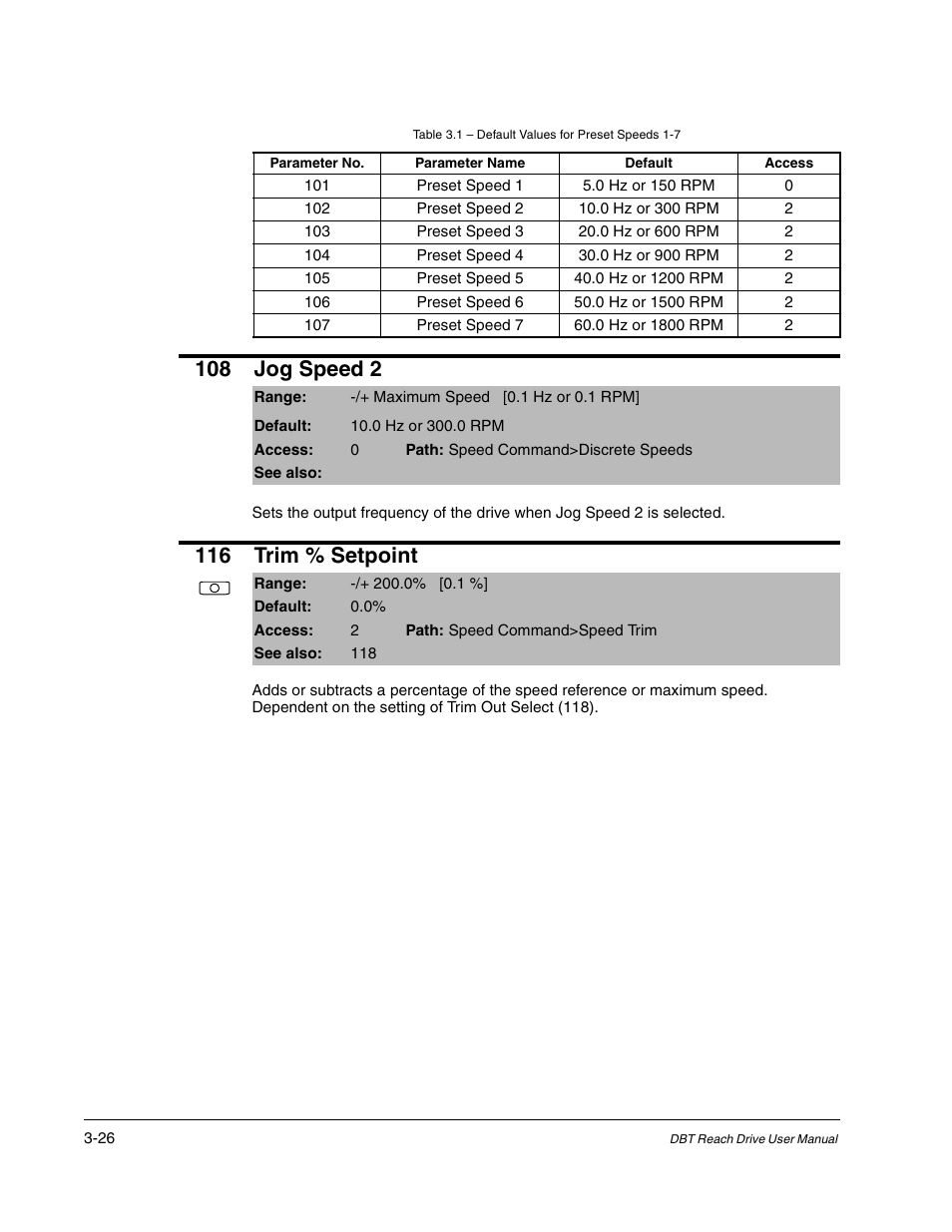 108 jog speed 2, 116 trim % setpoint | Rockwell Automation Liqui-Flo DBT Reach Drive User Manual | Page 52 / 248