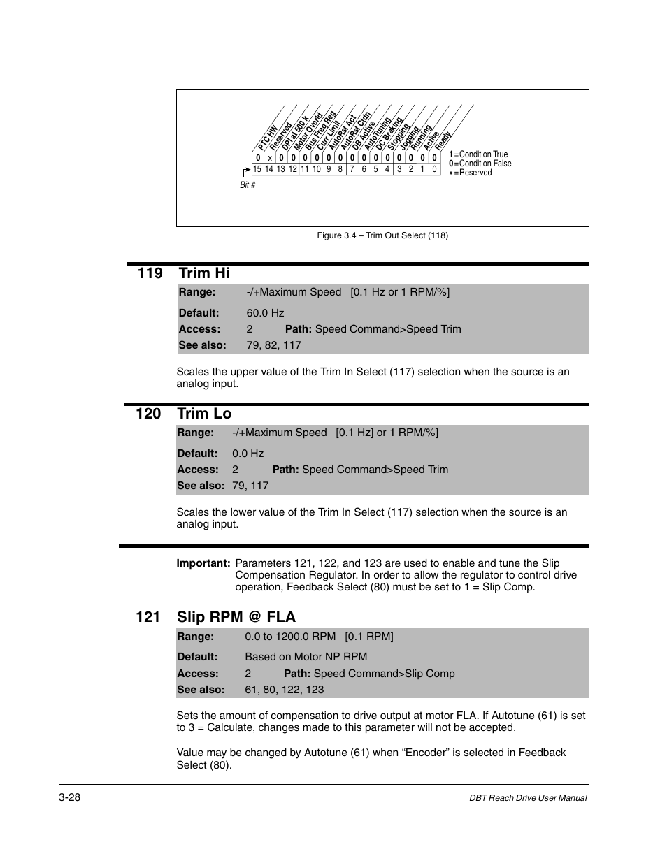 119 trim hi, 120 trim lo, 121 slip rpm @ fla | Rockwell Automation Liqui-Flo DBT Reach Drive User Manual | Page 54 / 248