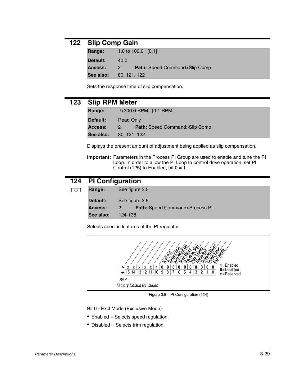 122 slip comp gain, 123 slip rpm meter, 124 pi configuration | Rockwell Automation Liqui-Flo DBT Reach Drive User Manual | Page 55 / 248