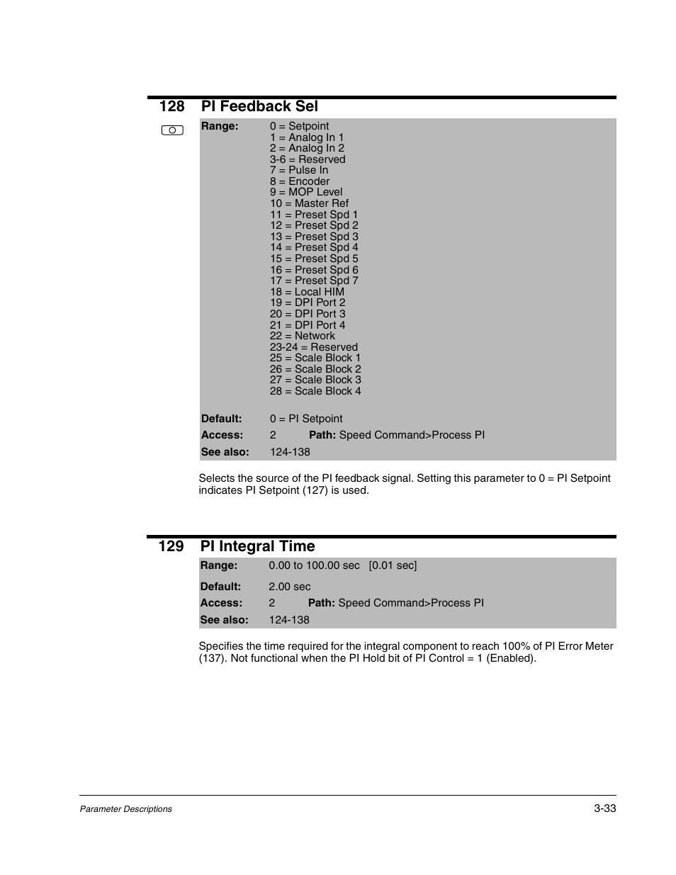 128 pi feedback sel, 129 pi integral time | Rockwell Automation Liqui-Flo DBT Reach Drive User Manual | Page 59 / 248