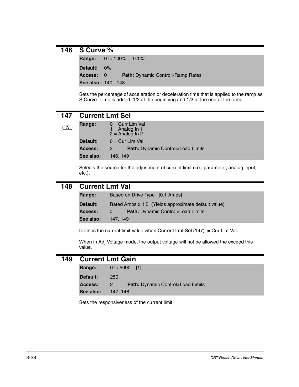 146 s curve, 147 current lmt sel, 148 current lmt val | 149 current lmt gain | Rockwell Automation Liqui-Flo DBT Reach Drive User Manual | Page 64 / 248