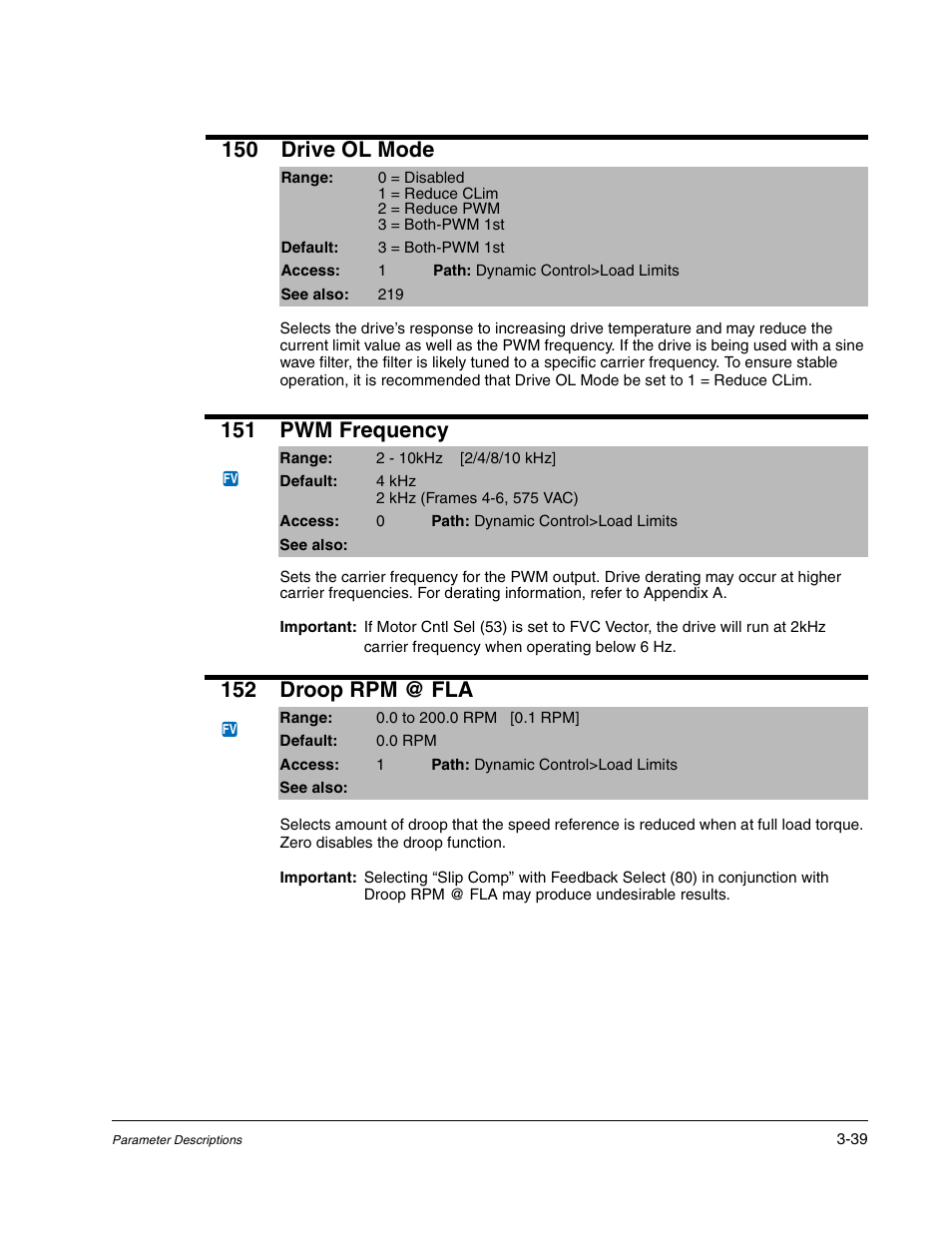 150 drive ol mode, 151 pwm frequency, 152 droop rpm @ fla | Rockwell Automation Liqui-Flo DBT Reach Drive User Manual | Page 65 / 248