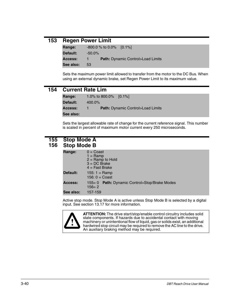 153 regen power limit, 154 current rate lim | Rockwell Automation Liqui-Flo DBT Reach Drive User Manual | Page 66 / 248