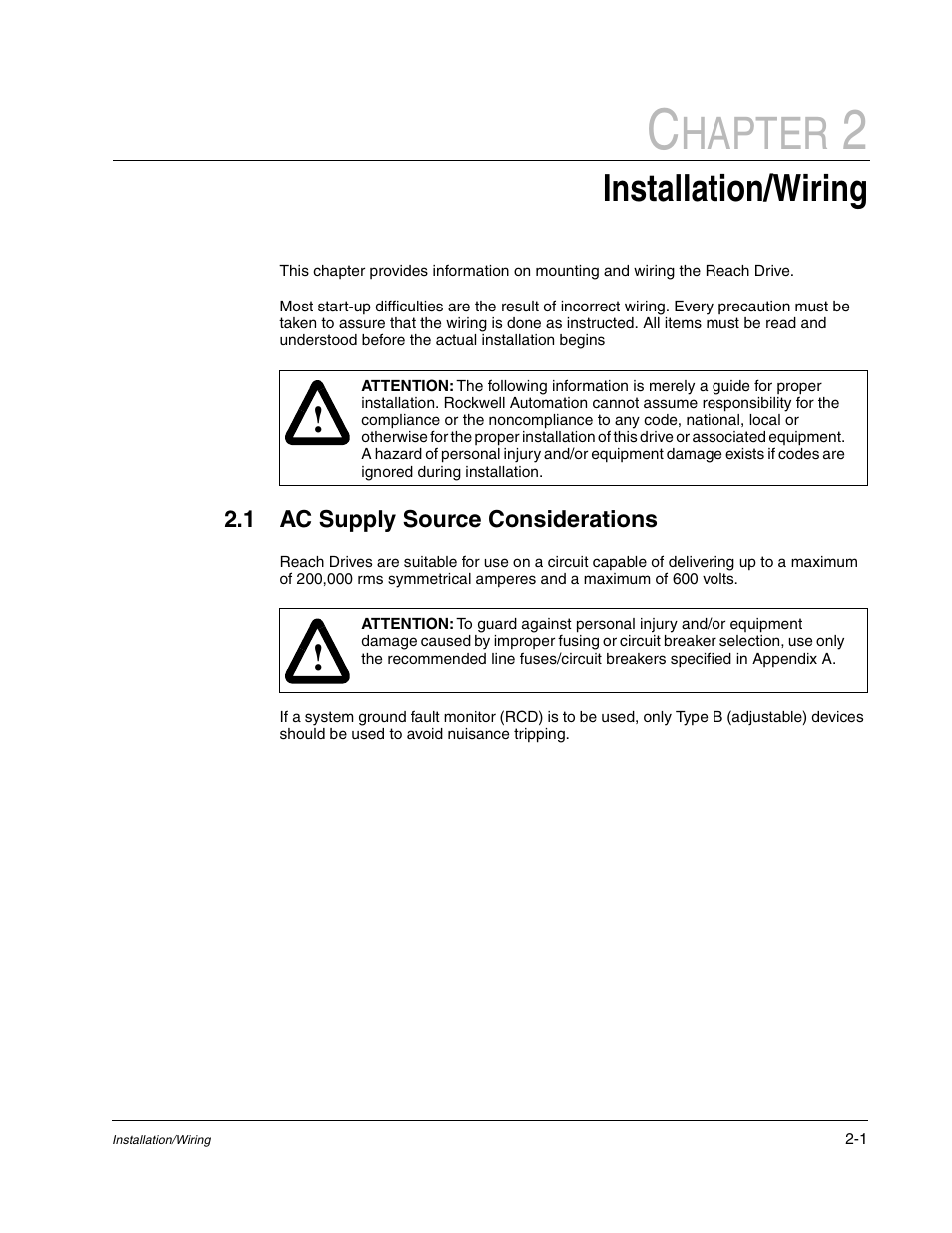 Chapter 2 installation/wiring, Chapter 2, Ac supply source considerations -1 | Hapter, Installation/wiring | Rockwell Automation Liqui-Flo DBT Reach Drive User Manual | Page 7 / 248