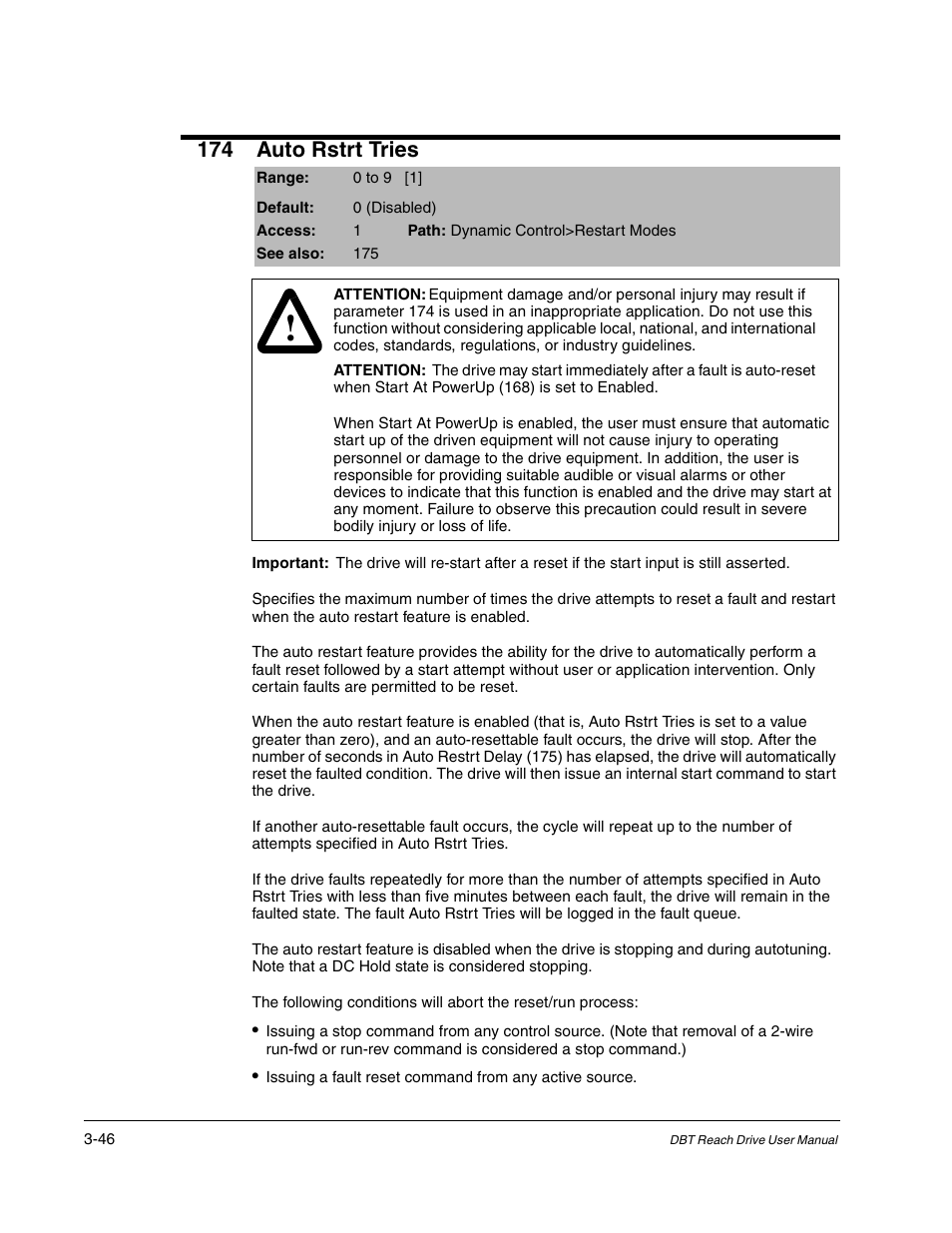 174 auto rstrt tries | Rockwell Automation Liqui-Flo DBT Reach Drive User Manual | Page 72 / 248