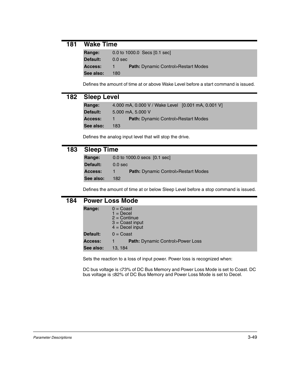 181 wake time, 182 sleep level, 183 sleep time | 184 power loss mode | Rockwell Automation Liqui-Flo DBT Reach Drive User Manual | Page 75 / 248