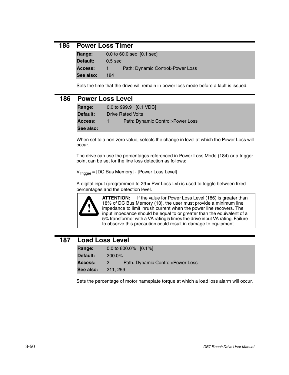 185 power loss timer, 186 power loss level, 187 load loss level | Rockwell Automation Liqui-Flo DBT Reach Drive User Manual | Page 76 / 248