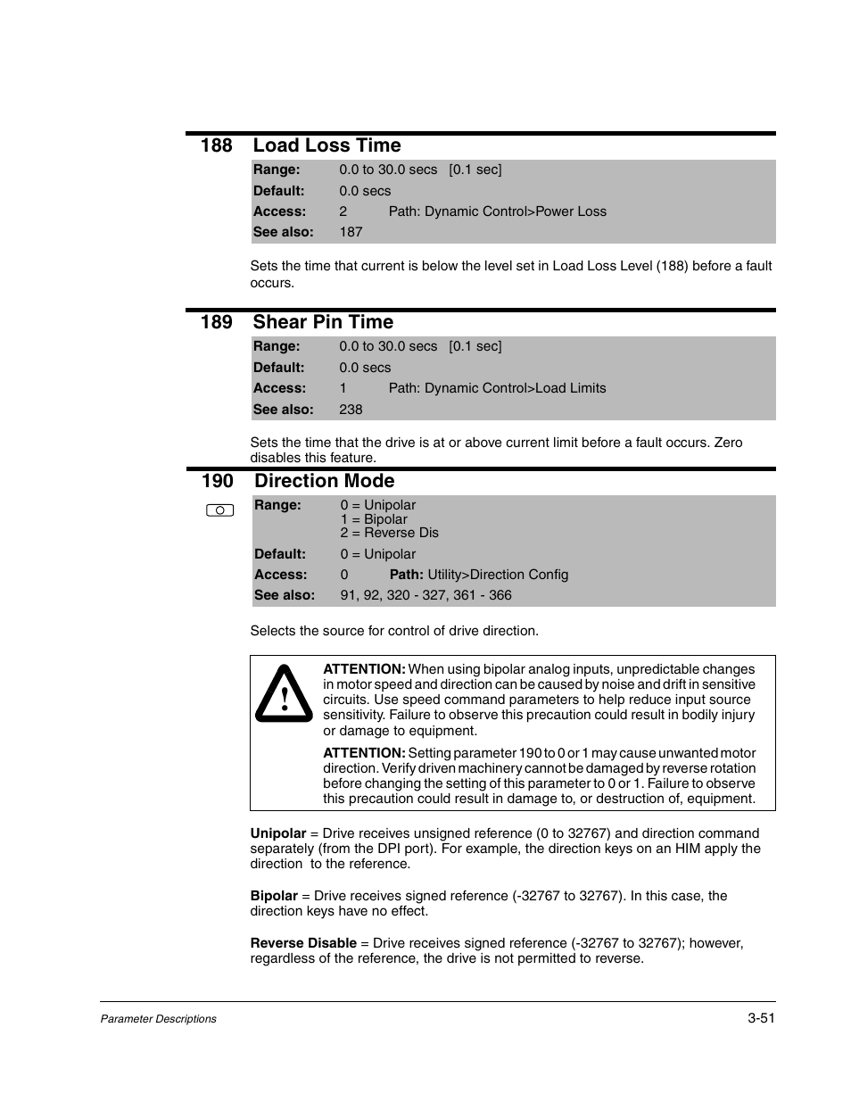 188 load loss time, 189 shear pin time, 190 direction mode | Rockwell Automation Liqui-Flo DBT Reach Drive User Manual | Page 77 / 248