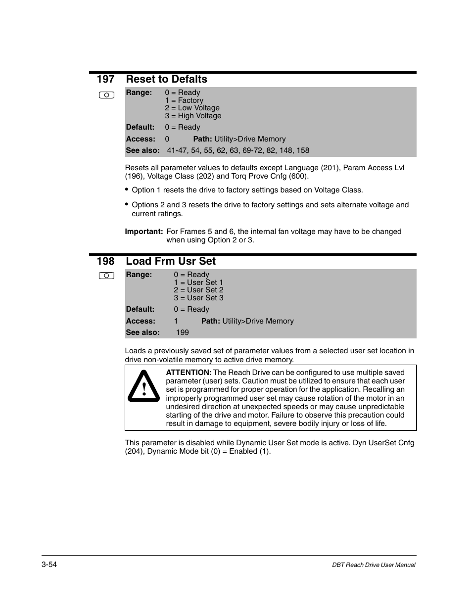 197 reset to defalts, 198 load frm usr set | Rockwell Automation Liqui-Flo DBT Reach Drive User Manual | Page 80 / 248