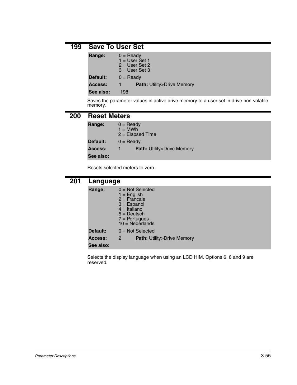 199 save to user set, 200 reset meters, 201 language | Rockwell Automation Liqui-Flo DBT Reach Drive User Manual | Page 81 / 248