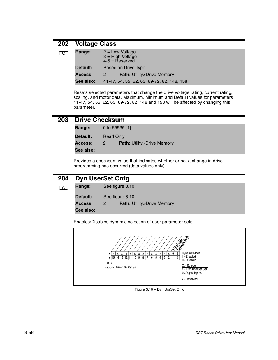 202 voltage class, 203 drive checksum, 204 dyn userset cnfg | Rockwell Automation Liqui-Flo DBT Reach Drive User Manual | Page 82 / 248