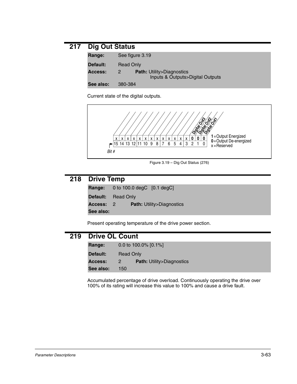 217 dig out status, 218 drive temp, 219 drive ol count | Rockwell Automation Liqui-Flo DBT Reach Drive User Manual | Page 89 / 248