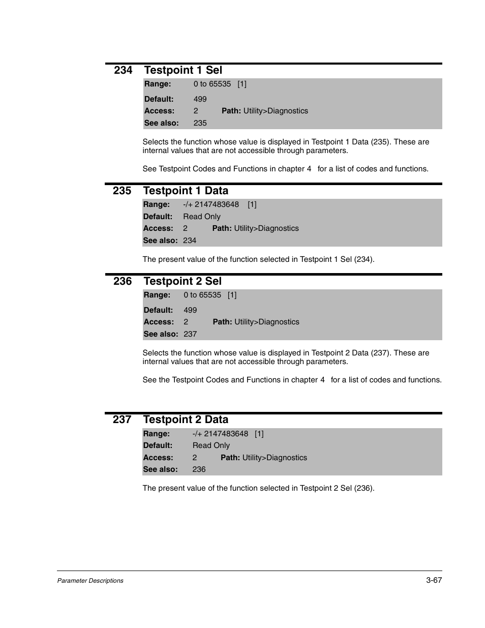 234 testpoint 1 sel, 235 testpoint 1 data, 236 testpoint 2 sel | 237 testpoint 2 data | Rockwell Automation Liqui-Flo DBT Reach Drive User Manual | Page 93 / 248