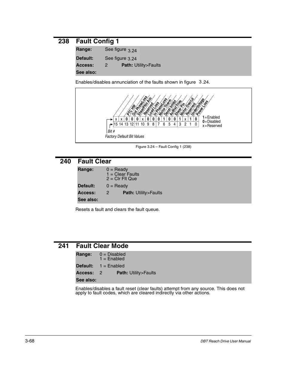 238 fault config 1, 240 fault clear, 241 fault clear mode | Rockwell Automation Liqui-Flo DBT Reach Drive User Manual | Page 94 / 248