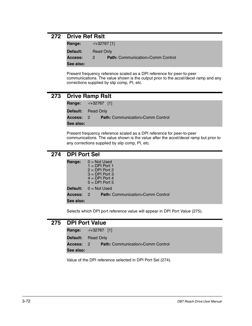 272 drive ref rslt, 273 drive ramp rslt, 274 dpi port sel | 275 dpi port value | Rockwell Automation Liqui-Flo DBT Reach Drive User Manual | Page 98 / 248