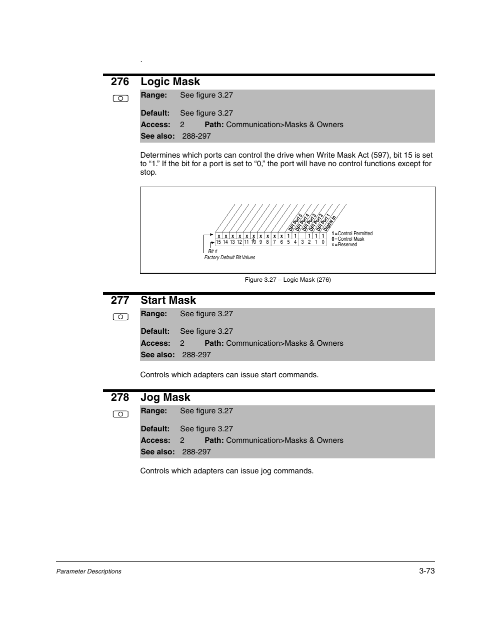 276 logic mask, 277 start mask, 278 jog mask | Rockwell Automation Liqui-Flo DBT Reach Drive User Manual | Page 99 / 248