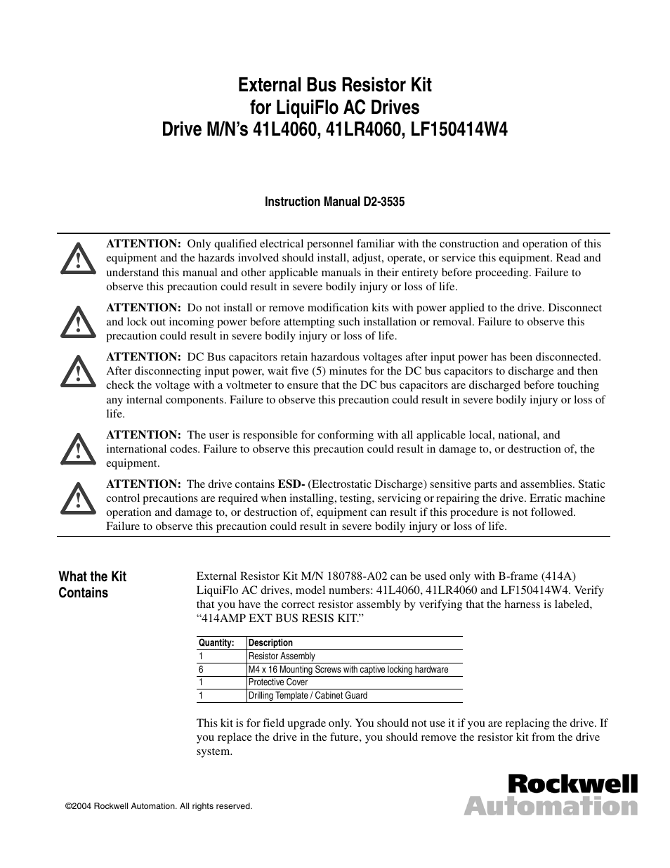 Rockwell Automation LiquiFlo 1.0 and 1.5 External Bus Resistor Kit (400 Amp) User Manual | 12 pages