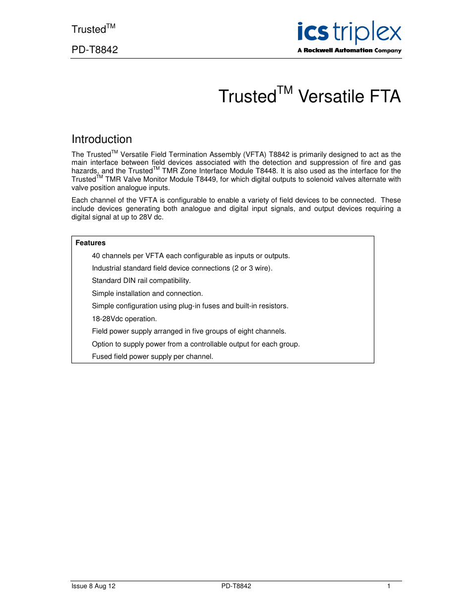 Rockwell Automation T8842 Trusted Versatile FTA User Manual | 24 pages